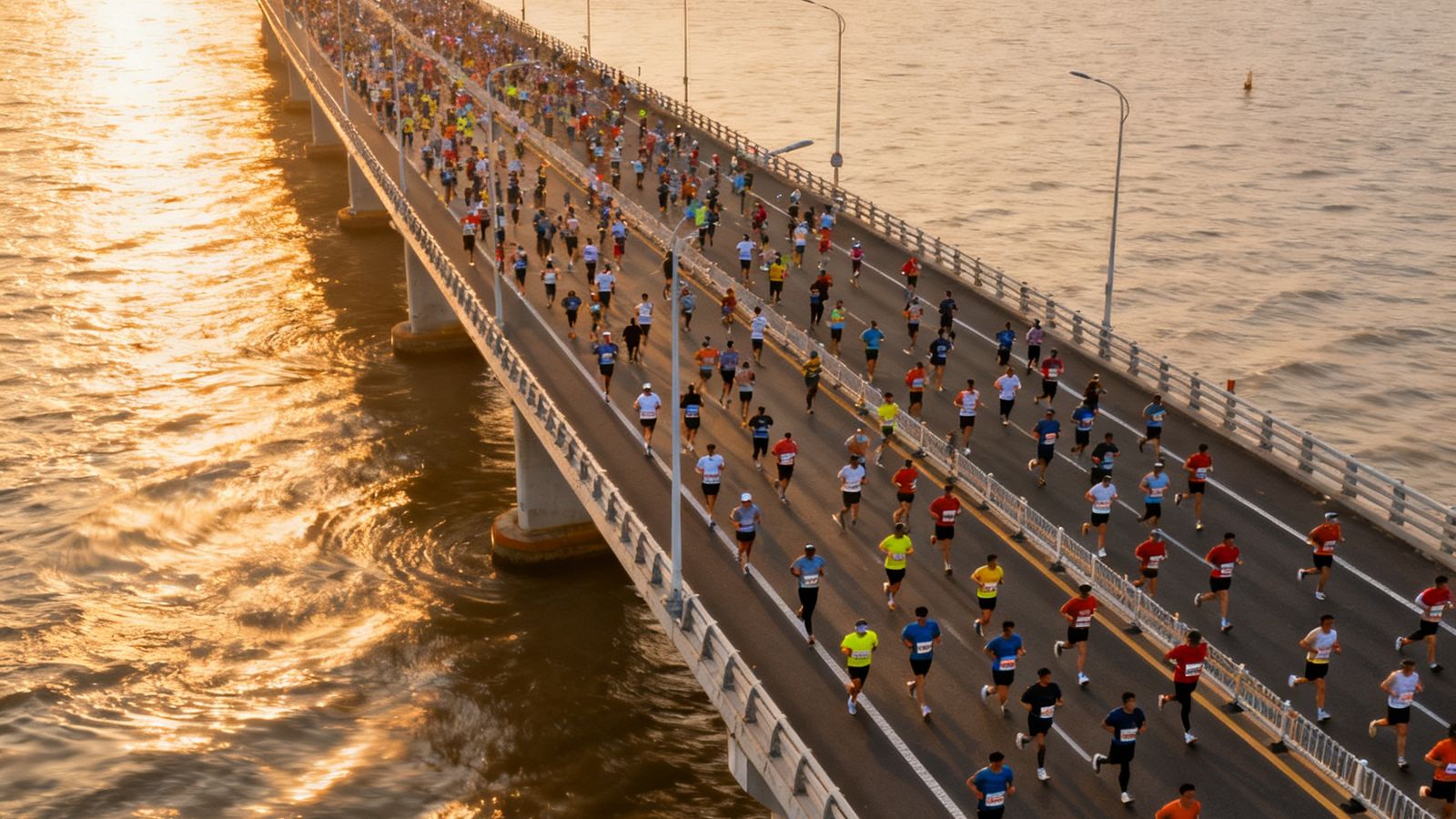 2024年杭州湾跨海大桥马拉松比赛日航拍画面，数千名跑者在世界级跨海大桥上奔跑，晨光中的海面波光粼粼