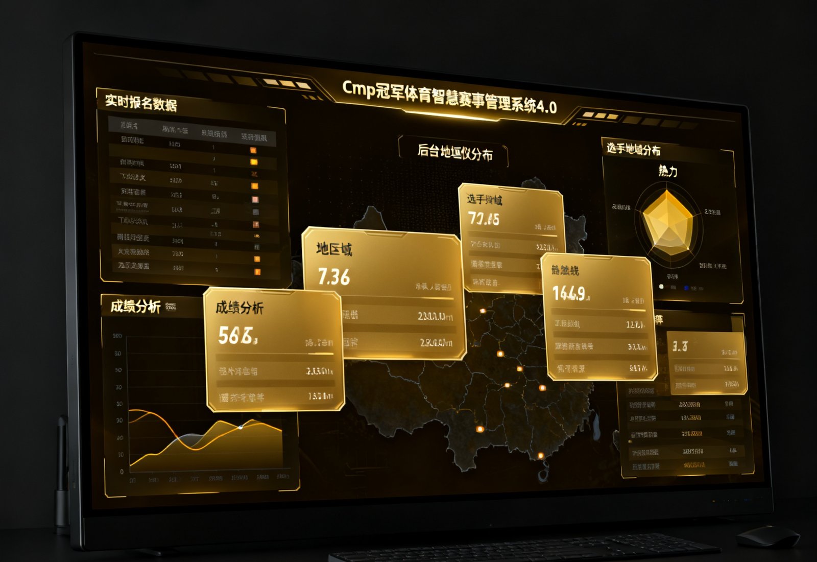 Cmp冠军体育智慧赛事管理系统4.0后台数据仪表盘，大屏幕展示着实时报名数据、选手地域分布热力图和成绩分析曲线，界面采用深色主题配金色数据卡片